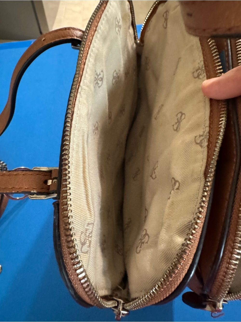 GUESS Brown/Tan Crossbody Satchel with Logo Charm - Picture 5 of 12